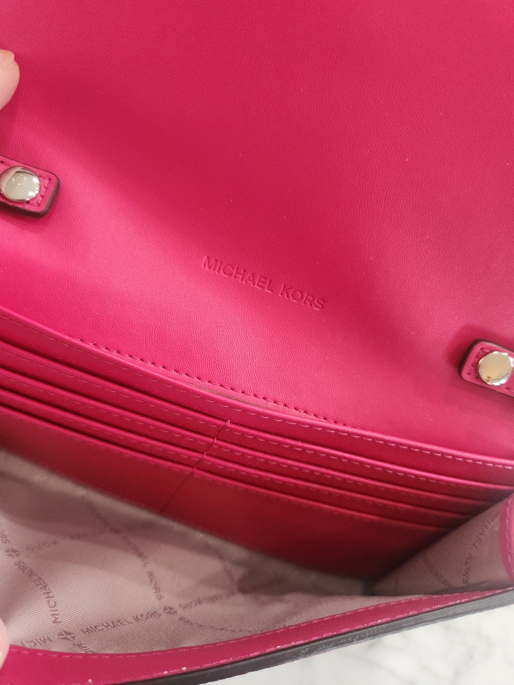 Michael Kors Hot Pink Leather Mini Crossbody, Long Strap/Silver Chain,BRAND NEW. - Picture 3 of 3